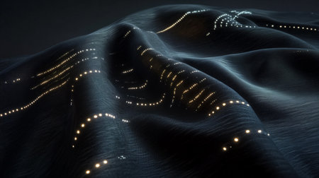 3d illustration of abstract wavy silk fabric with glowing lights and wavesの写真素材