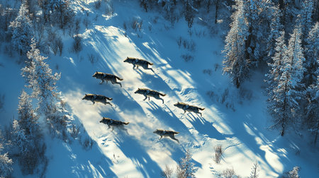 Aerial view of a group of wolves in winter forestの写真素材