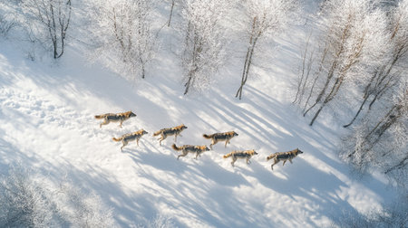 Aerial view of a group of dogs running in the winter forest.