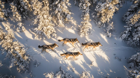 Aerial view of three wolves in winter forest at sunset time.の写真素材