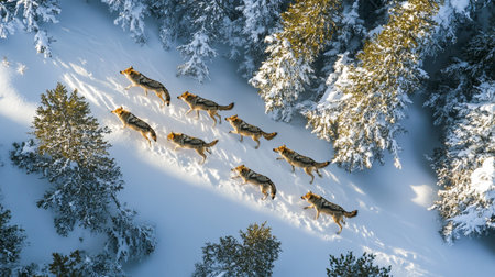 Aerial view of a group of dogs running in the winter forest.の写真素材