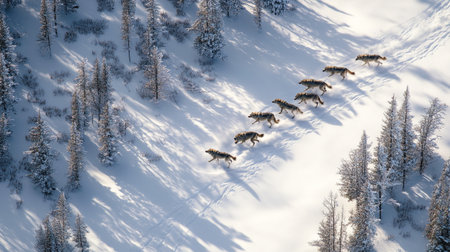 Aerial view of a group of wolves in winter forestの写真素材