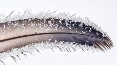 feather of a bird covered with hoarfrost on a white backgroundの写真素材