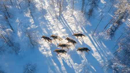 Aerial view of a group of dogs running in the winter forest