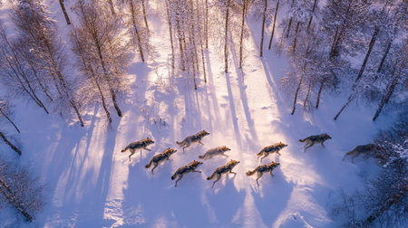 Aerial view of a group of sled dogs in winter forest.の写真素材