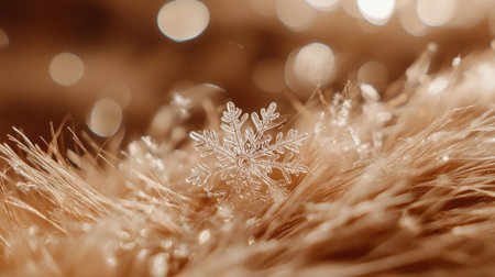 Snowflake on fur background with bokeh. Christmas decoration.の写真素材