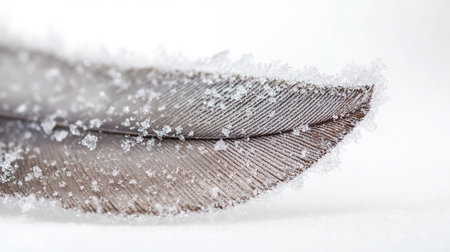 Feathers covered with snow on a white background close-upの写真素材
