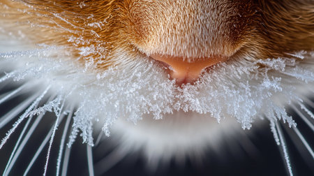 Close-up of the nose of a ginger cat with hoarfrost