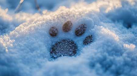 Dog paw in the snow. Close-up. Selective focus.の写真素材