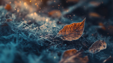 Close up of dry autumn leaves on frozen ground with bokeh backgroundの写真素材