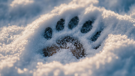 Human footprint in the snow. Selective focus. Shallow depth of field.の写真素材