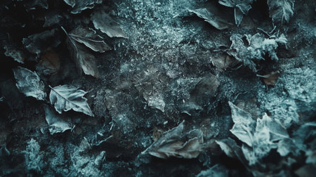 Frozen leaves on the ground. Natural background. Toned.