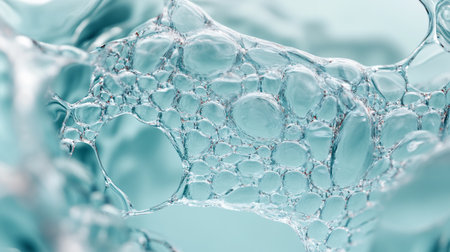 Macro shot of soap bubbles on a blue background. Shallow depth of field