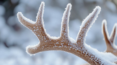 Deer antlers in hoarfrost in winter forest, macroの写真素材