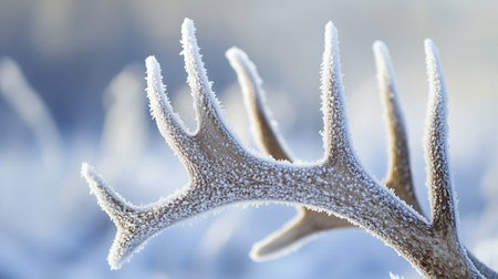 Close-up of a deer antlers covered with hoarfrost