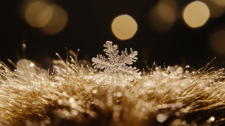 Snowflake on golden background with bokeh effect. Christmas backgroundの写真素材