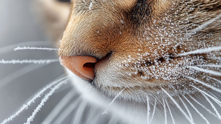 Close-up of a cat's nose with snowflakes.の写真素材