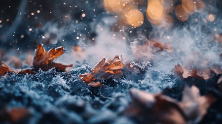 Autumn leaves in the snow. Autumn background. Selective focus.の写真素材