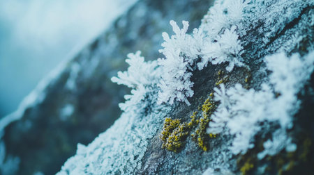 Close-up of a frozen rock with moss and lichen.の写真素材