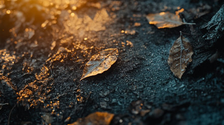Dry leaves on the ground in the autumn forest at sunset.