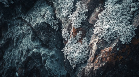 Ice crystals on a rock. Winter background. Beautiful natural background.の写真素材