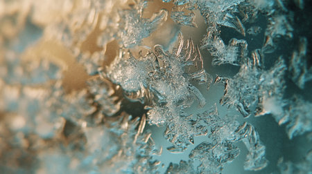 Frosty natural pattern on frozen window glass. Abstract winter background