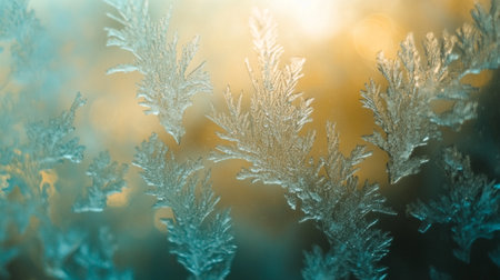 Frosty natural pattern on window glass. Winter background with copy spaceの写真素材