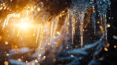 Icicles on the tree in the winter forest. Winter backgroundの写真素材