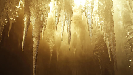 Ice stalactites in the cave, close-up. Natural backgroundの写真素材