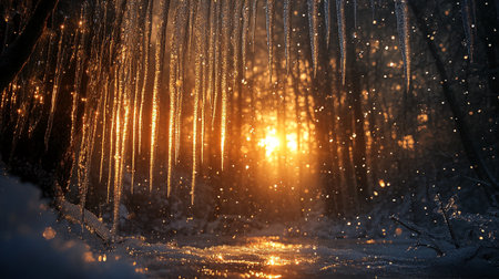 Winter forest at sunset with sunbeams and snowflakes.の写真素材