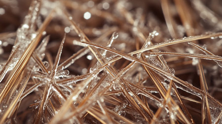 Macro shot of frozen grass, shallow depth of field. Abstract background.の写真素材