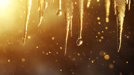 Icicles with water drops on blurred background. Copy space.の写真素材
