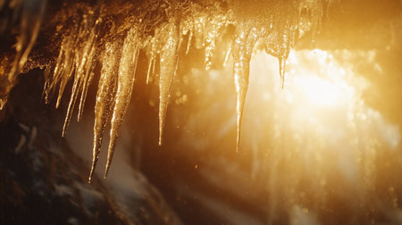 Icicles in a cave on a sunny day, close-upの写真素材