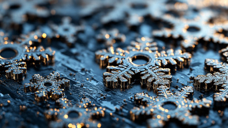 Close-up of a printed circuit board with metal cogwheelsの写真素材