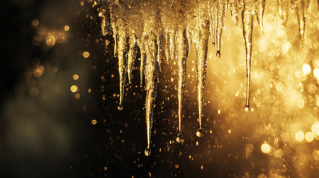 Falling icicles on a dark background. Close-up.の写真素材