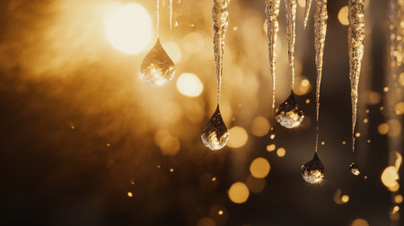 Icicles hanging from a ceiling with bokeh backgroundの写真素材