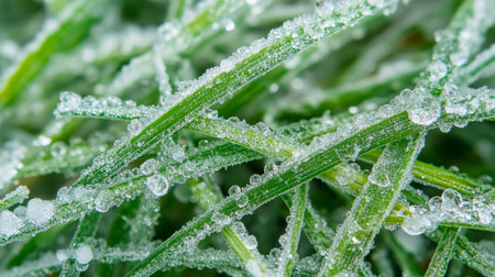 Frost on the green grass. Macro photo with shallow depth of fieldの写真素材