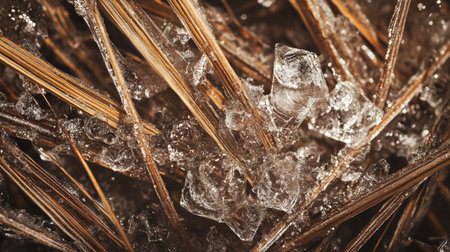 Close-up of ice crystals on the ground. Macro shot.の写真素材