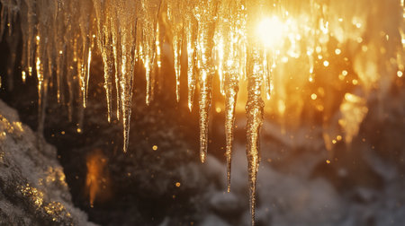 Icicles in the winter forest at sunset. Natural background.の写真素材