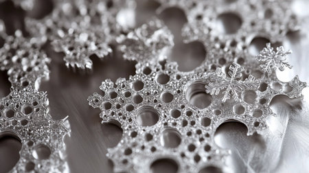 Snowflakes and cogwheels on metal background. Shallow depth of fieldの写真素材