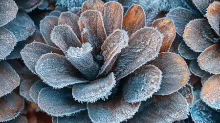 Close up of frosted pine cones. Winter background. Frosty natural texture.の写真素材