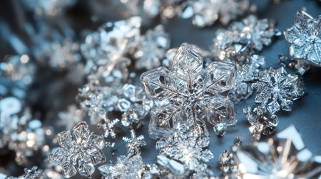 Silver snowflakes on a dark blue background closeup macro photographyの写真素材