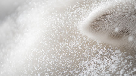 Close-up of a white cat's fur with snowflakesの写真素材