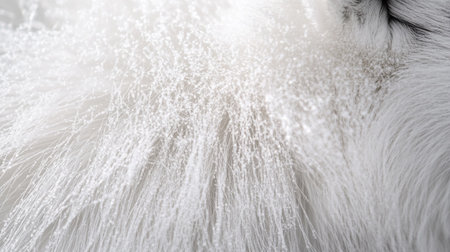Close up of white fluffy dog fur with hoarfrost on it.の写真素材
