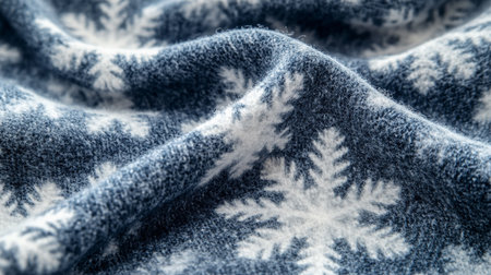 Close up of a blue knitted fabric with white snowflakes