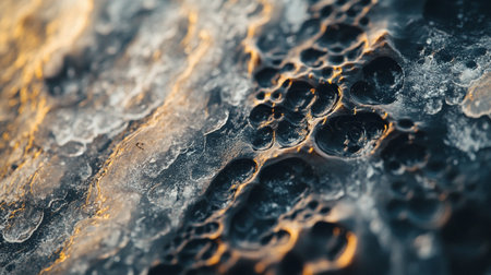 Close-up of frozen water drops on stone surface. Abstract background.の写真素材