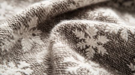 Close up of knitted woolen fabric with snowflakes.