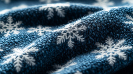 Blue knitted sweater with white snowflakes close-up.の写真素材