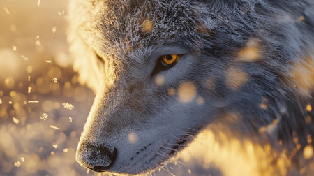 Close-up portrait of a wild wolf in the forest at sunsetの写真素材