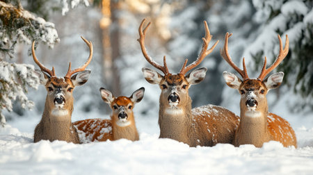 Three whitetail deer standing in the snow in winter forest.の写真素材